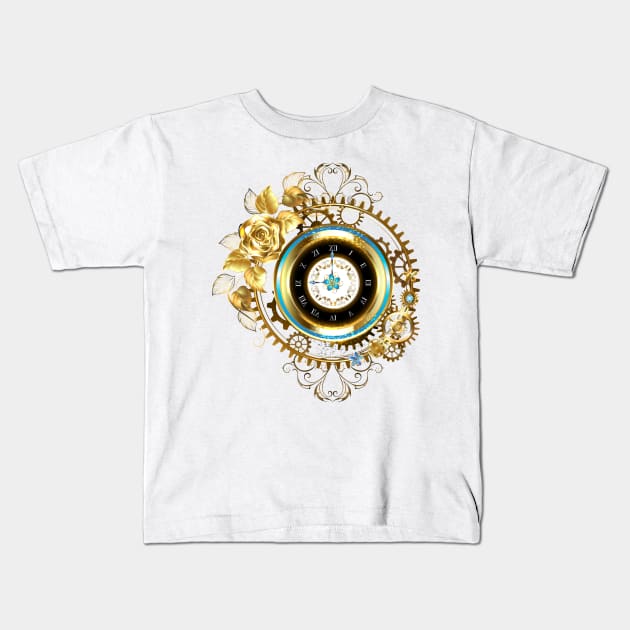 Steampunk Gold Clock with Gold Rose Kids T-Shirt by Blackmoon9